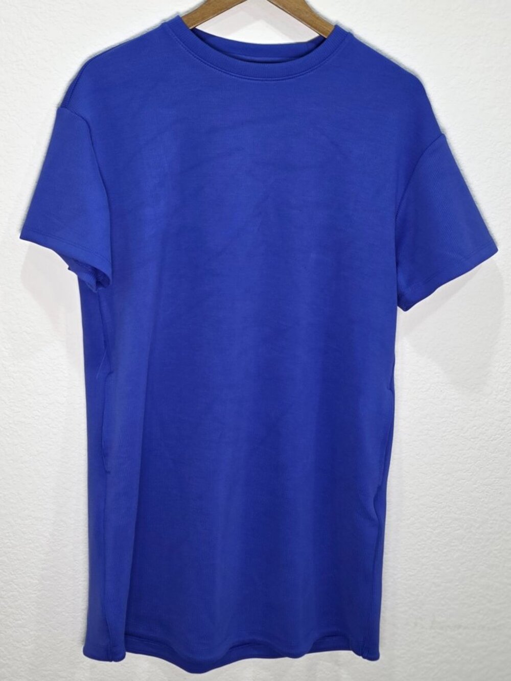 Royal Blue Sandwash Ribbed T-Shirt Dress Size M Soft Knit Mini With Pockets